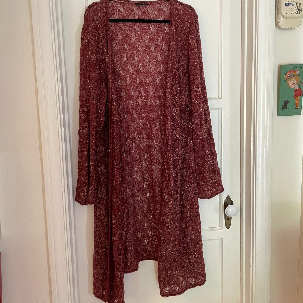 VINTAGE 1980s Bohemian, Lightweight, Open Weave, Burgundy Sweater Cardigan Coat